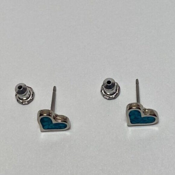Vintage Turquiose Heart Coral Inlay Silver Earrings 1/4" Hearts Post Stud EUC - Picture 5 of 12